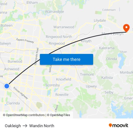 Oakleigh to Wandin North map