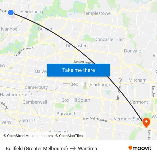 Bellfield (Greater Melbourne) to Wantirna map