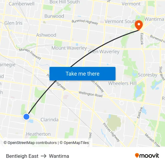 Bentleigh East to Wantirna map