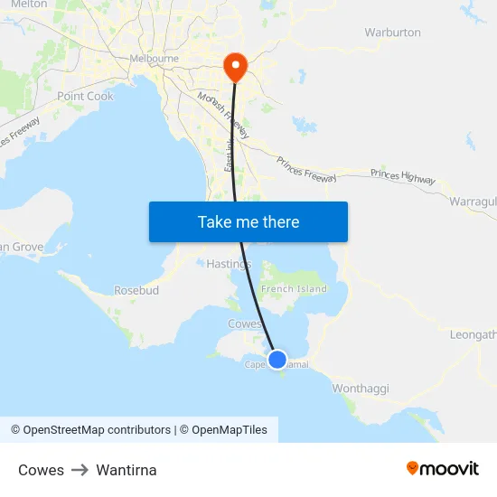 Cowes to Wantirna map