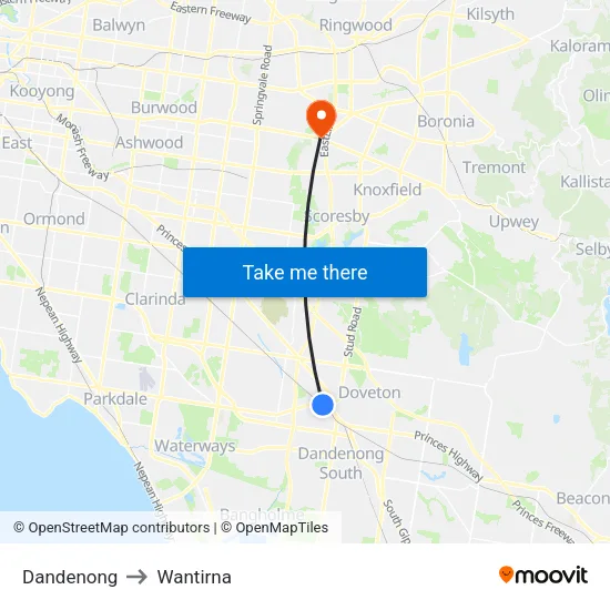 Dandenong to Wantirna map