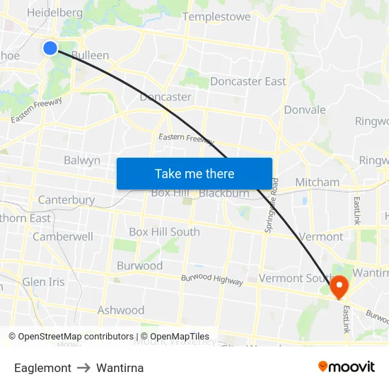 Eaglemont to Wantirna map