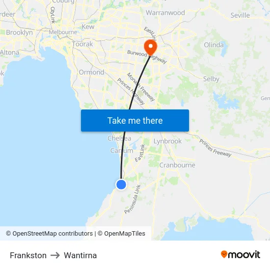 Frankston to Wantirna map