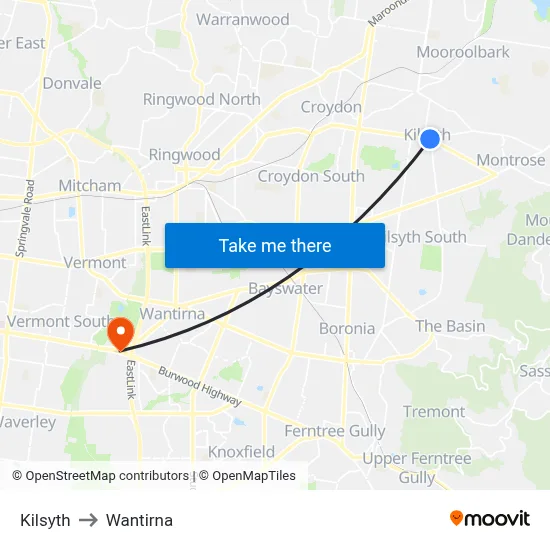 Kilsyth to Wantirna map
