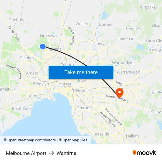 Melbourne Airport to Wantirna map