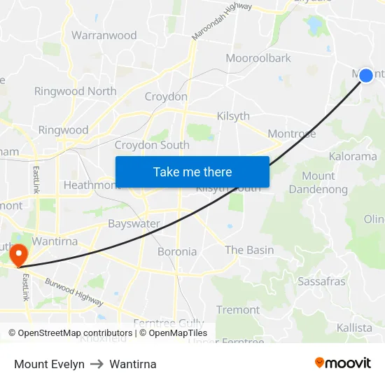 Mount Evelyn to Wantirna map