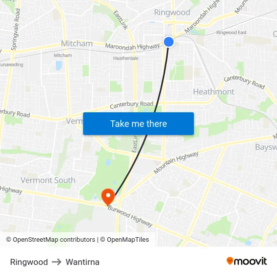 Ringwood to Wantirna map