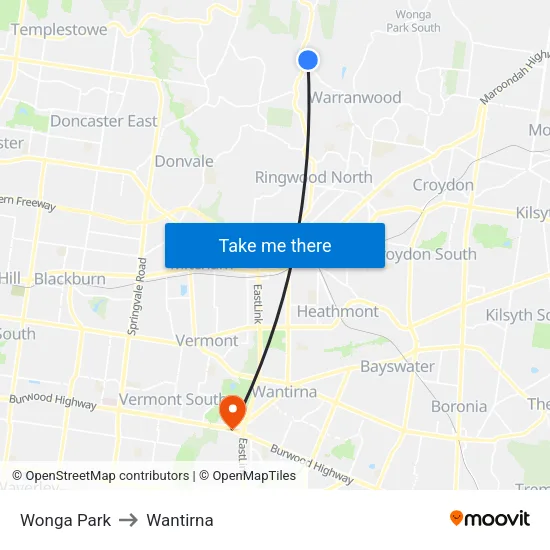 Wonga Park to Wantirna map