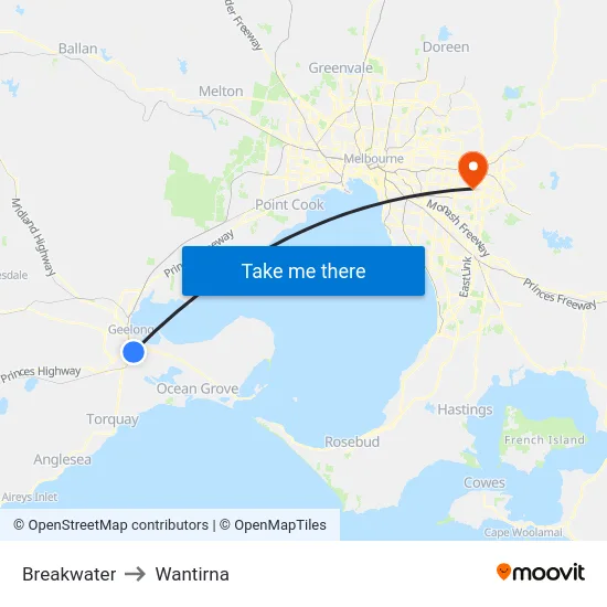 Breakwater to Wantirna map
