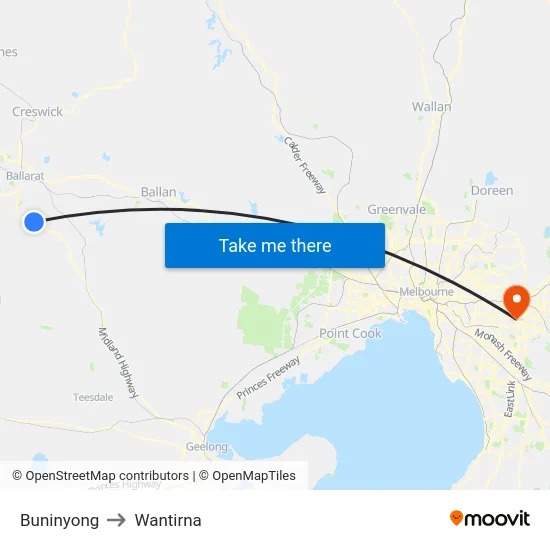 Buninyong to Wantirna map
