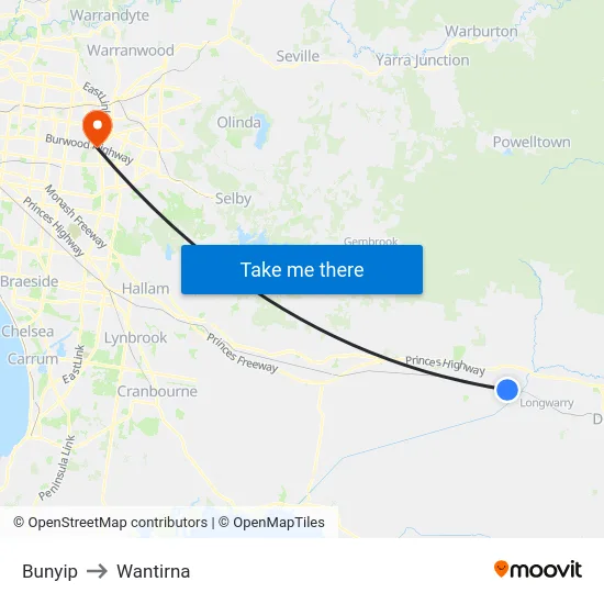 Bunyip to Wantirna map