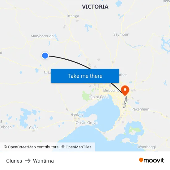 Clunes to Wantirna map