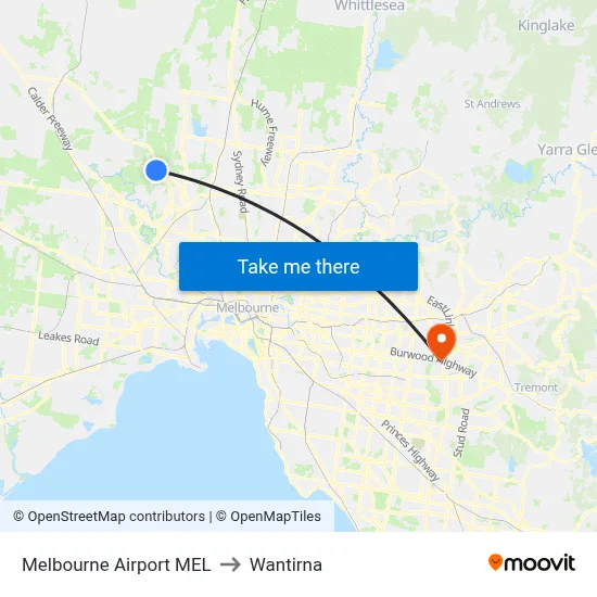 Melbourne Airport MEL to Wantirna map
