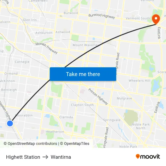 Highett Station to Wantirna map