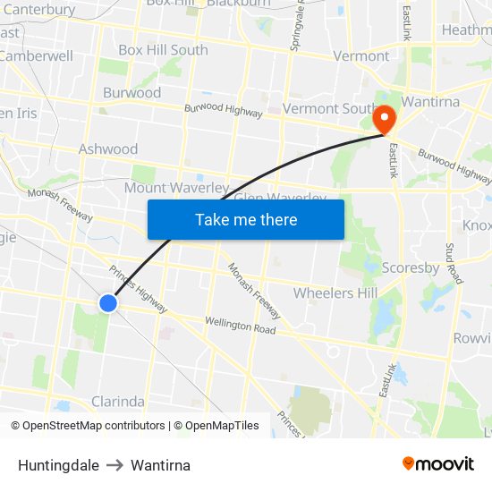 Huntingdale to Wantirna map