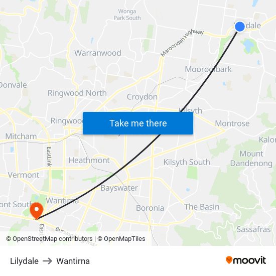 Lilydale to Wantirna map