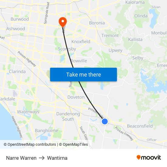 Narre Warren to Wantirna map