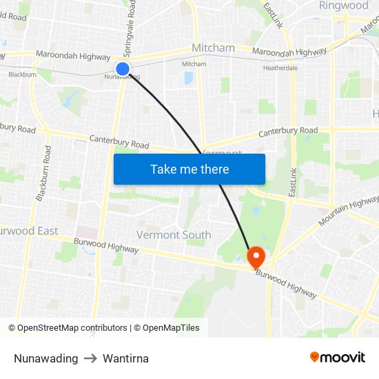 Nunawading to Wantirna map