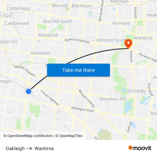 Oakleigh to Wantirna map