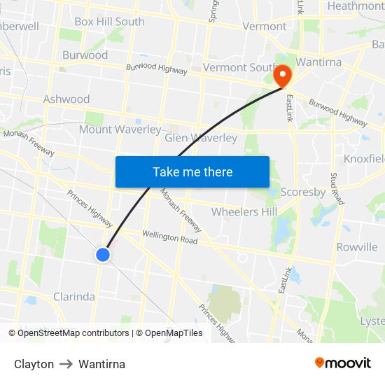 Clayton to Wantirna map