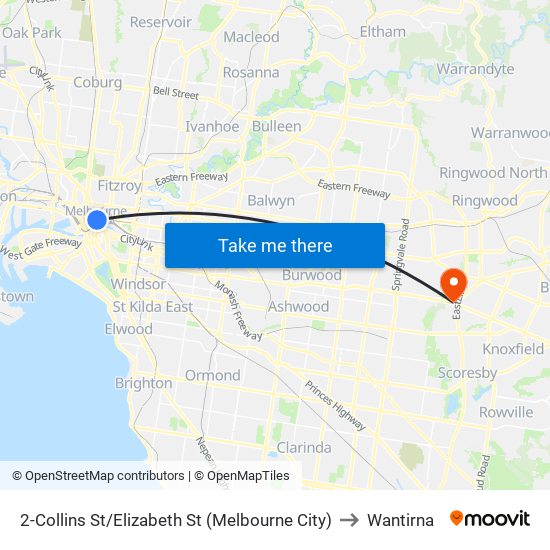 2-Collins St/Elizabeth St (Melbourne City) to Wantirna map