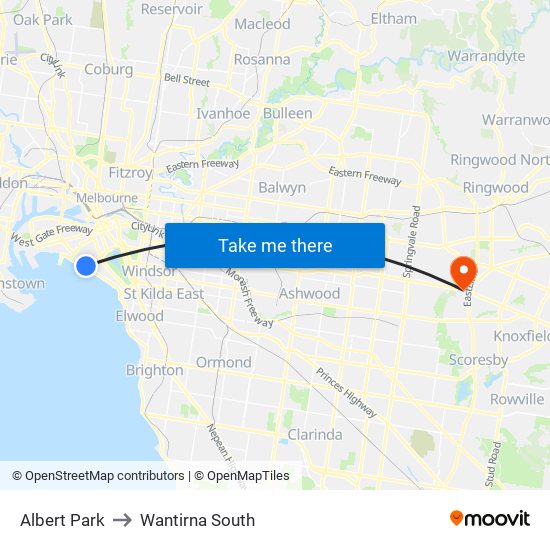 Albert Park to Wantirna South map