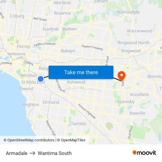 Armadale to Wantirna South map