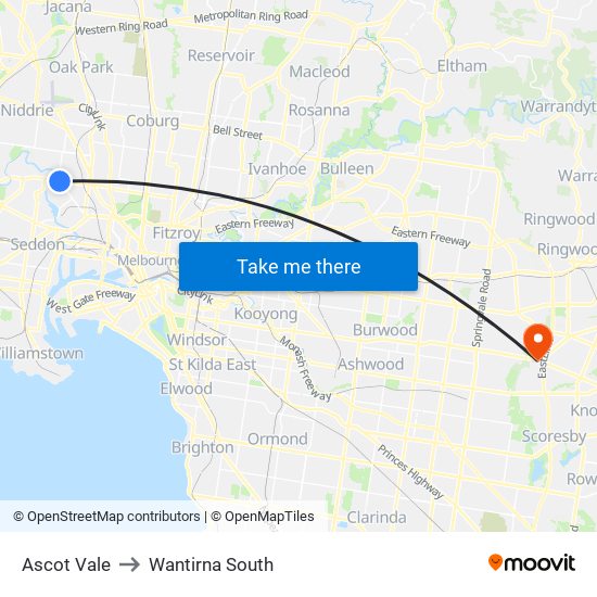 Ascot Vale to Wantirna South map