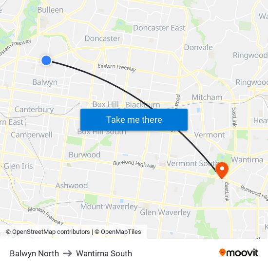 Balwyn North to Wantirna South map