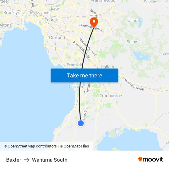 Baxter to Wantirna South map