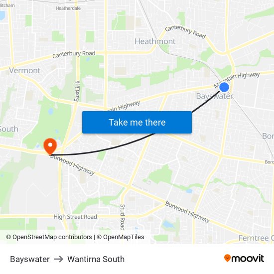 Bayswater to Wantirna South map