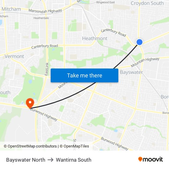 Bayswater North to Wantirna South map