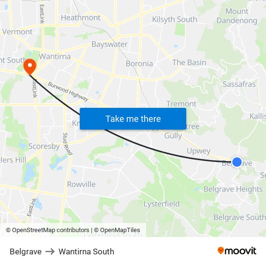 Belgrave to Wantirna South map
