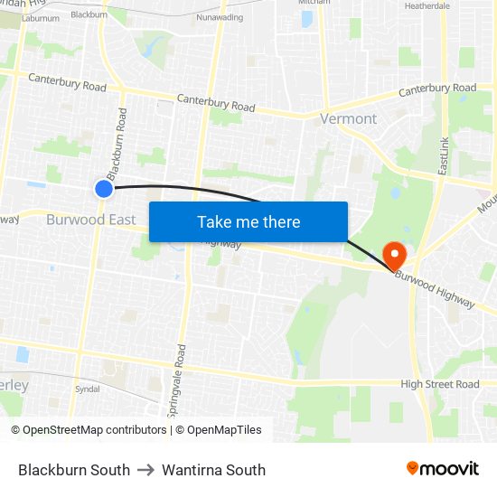 Blackburn South to Wantirna South map