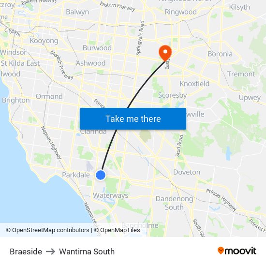 Braeside to Wantirna South map