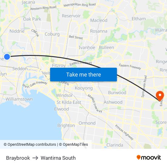 Braybrook to Wantirna South map