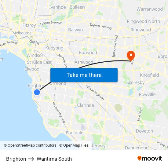 Brighton to Wantirna South map