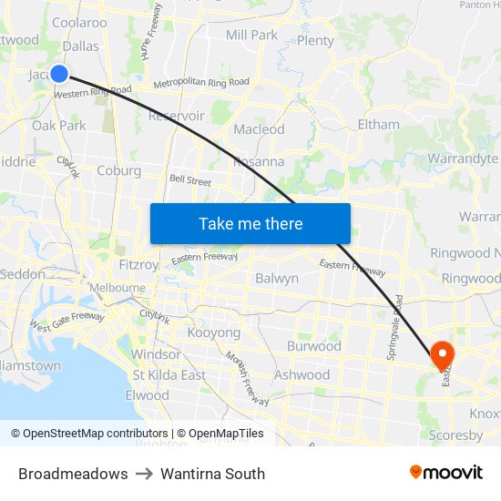 Broadmeadows to Wantirna South map