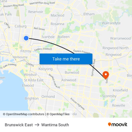 Brunswick East to Wantirna South map