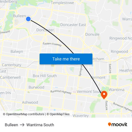 Bulleen to Wantirna South map
