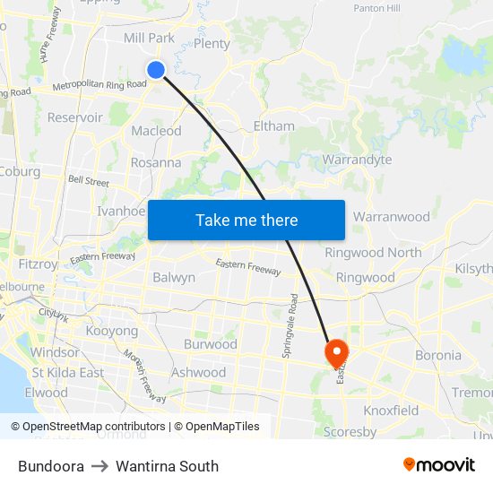 Bundoora to Wantirna South map