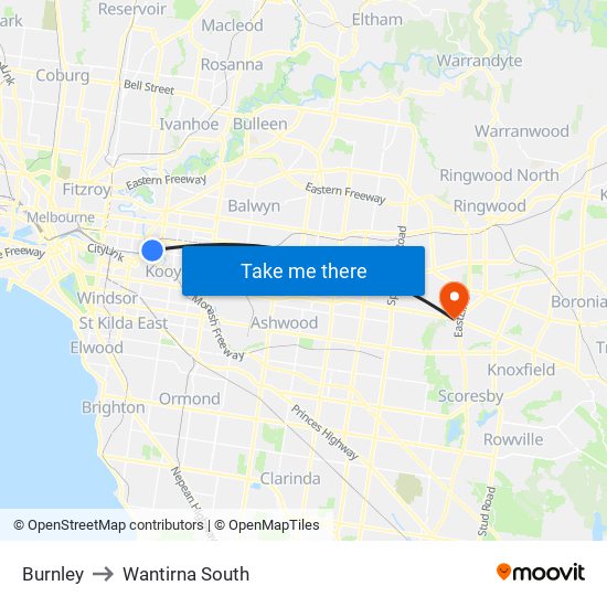 Burnley to Wantirna South map
