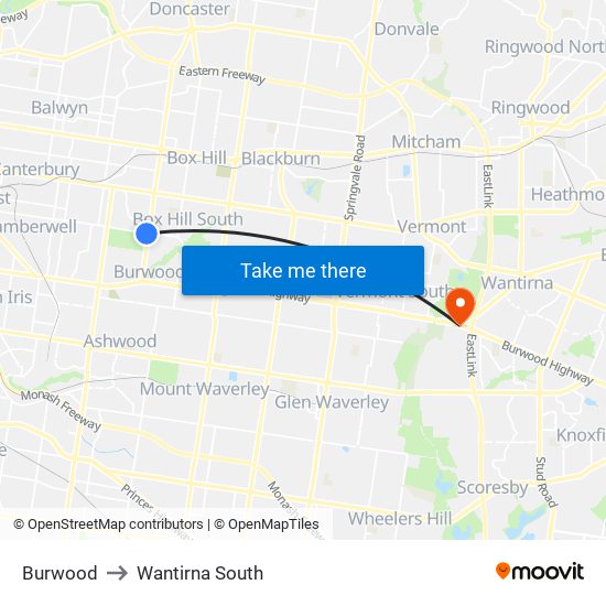 Burwood to Wantirna South map