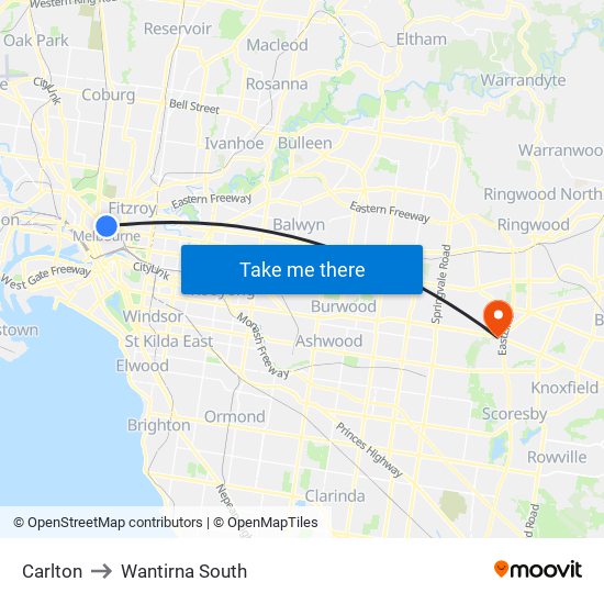 Carlton to Wantirna South map