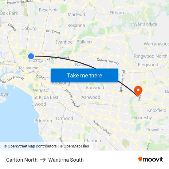 Carlton North to Wantirna South map