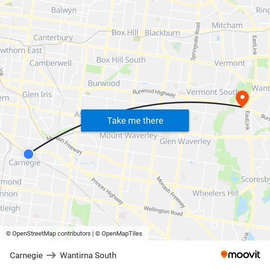 Carnegie to Wantirna South map