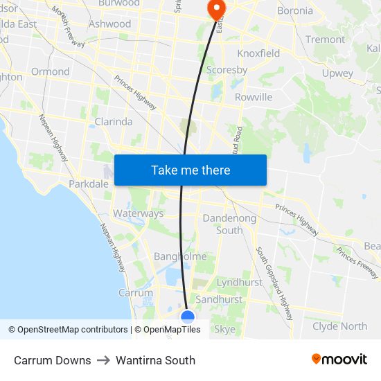 Carrum Downs to Wantirna South map