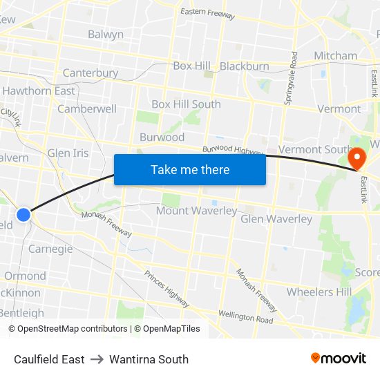 Caulfield East to Wantirna South map