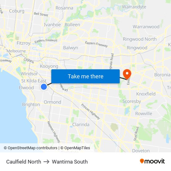 Caulfield North to Wantirna South map