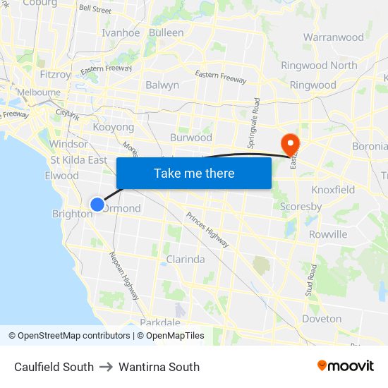 Caulfield South to Wantirna South map